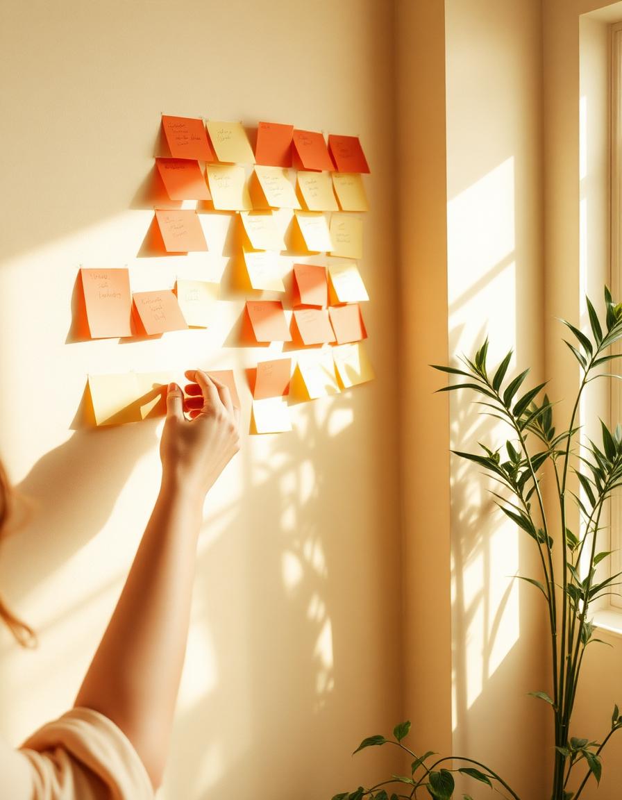 A workshop wall of warm sticky notes